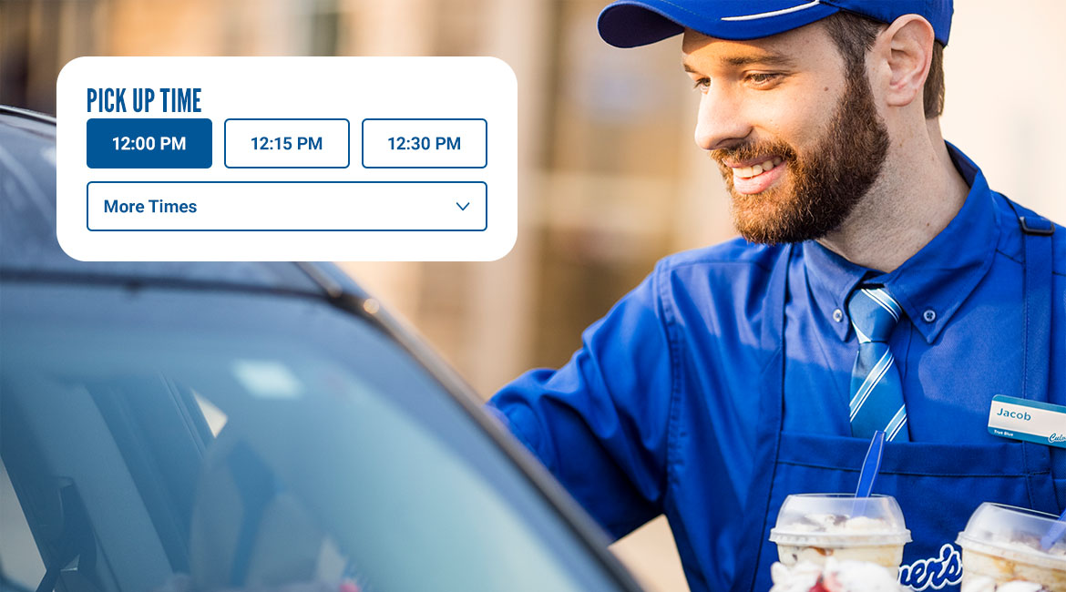 A screenshot of the pickup selector in the new Culver’s app, on top of an image of a True Blue Crew team member handing custard to a guest who ordered ahead for CurdSide pickup.